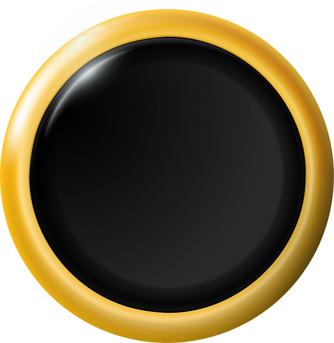 Glossy Realistic Black Button with Golden Rim. Gold Circle Icon. Png